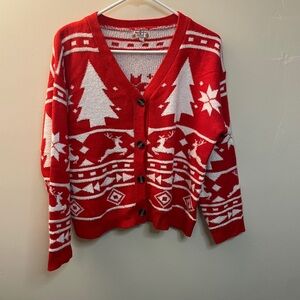 Poof! Christmas Sweater.  Festive Red and White Cardigan size Large